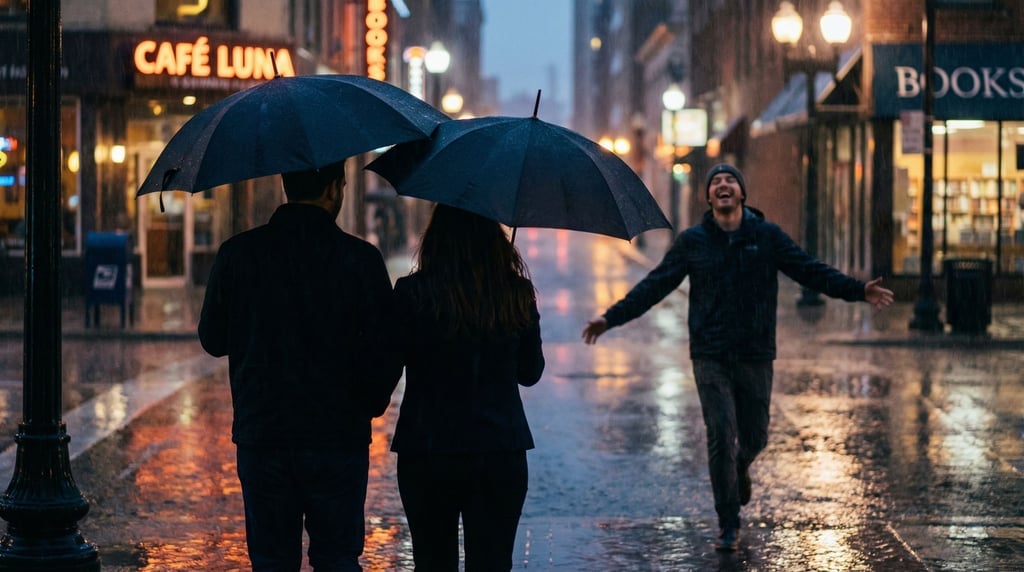 Three colleagues walking through a rainy city at night sharing two umbrellas