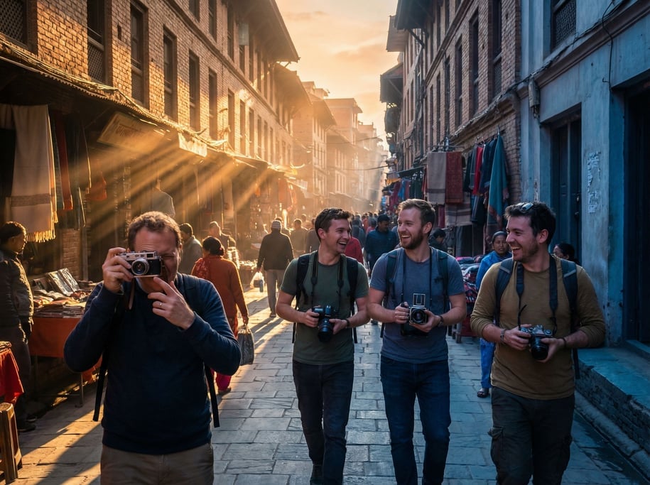 Four street photographers walking together through a market district