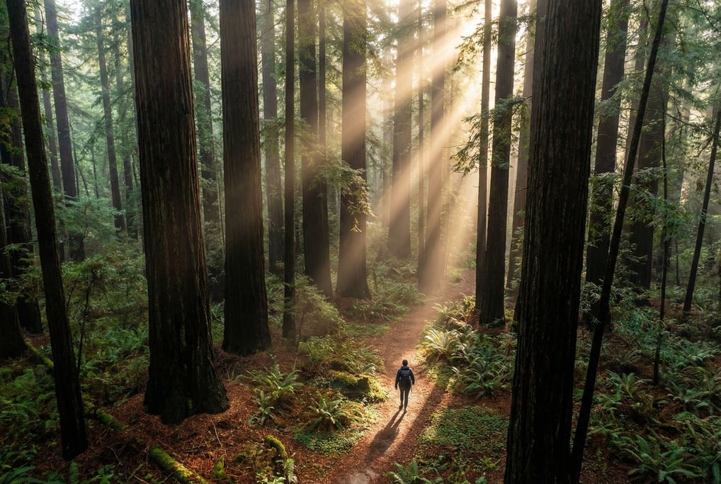 A solo figure walking through a redwood forest