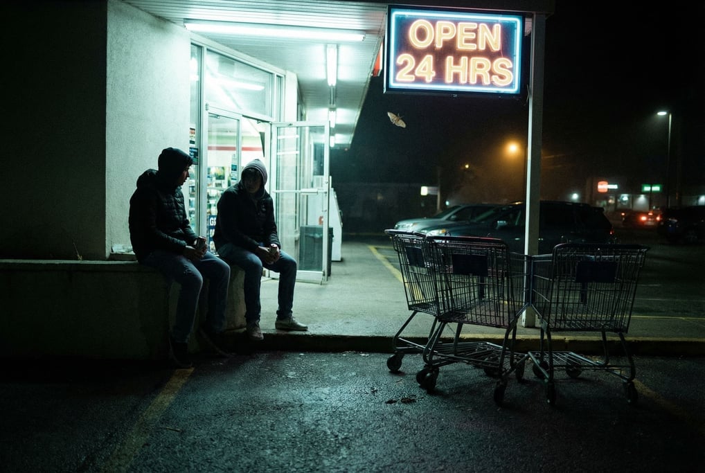 Two teenagers sitting on a wall outside a convenience store at night