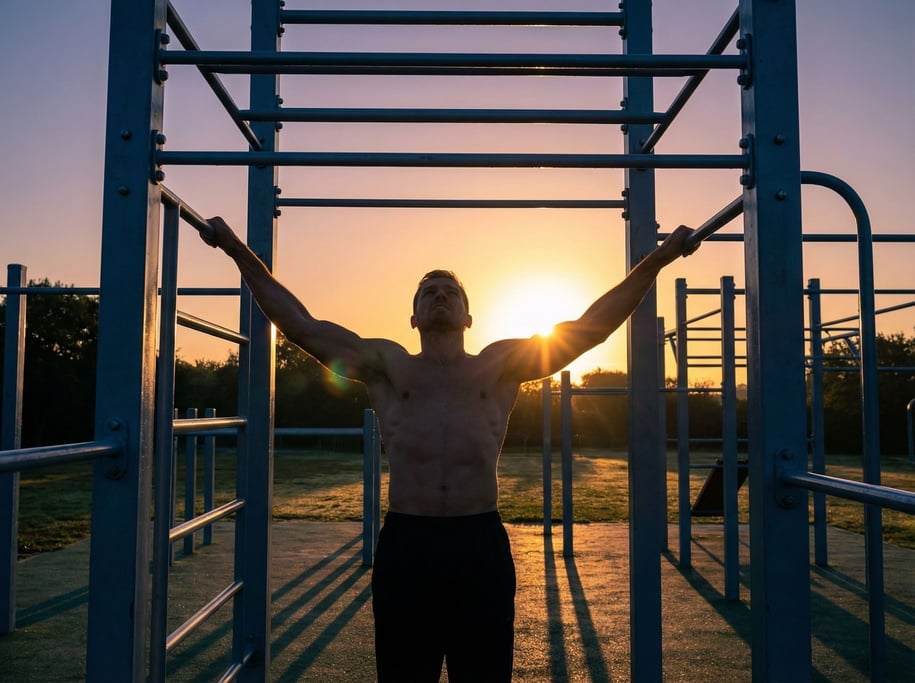 A man in his 20s doing pull-ups on a bar in an outdoor calisthenics park at dawn
