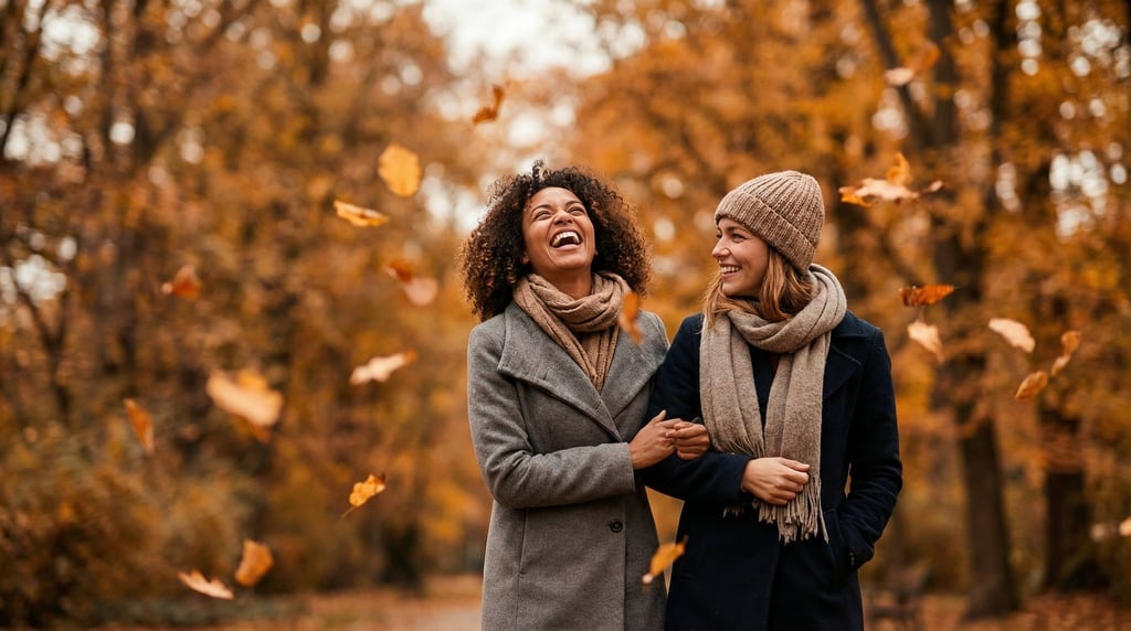 Two women walking arm-in-arm through an autumn park
