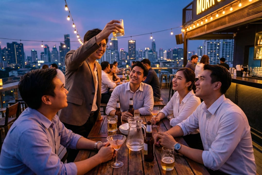 Five colleagues at an after-work drinks table at a rooftop bar