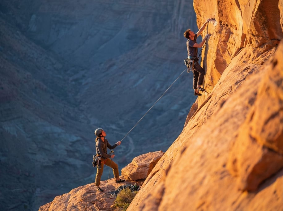 Two rock climbers on a cliff face