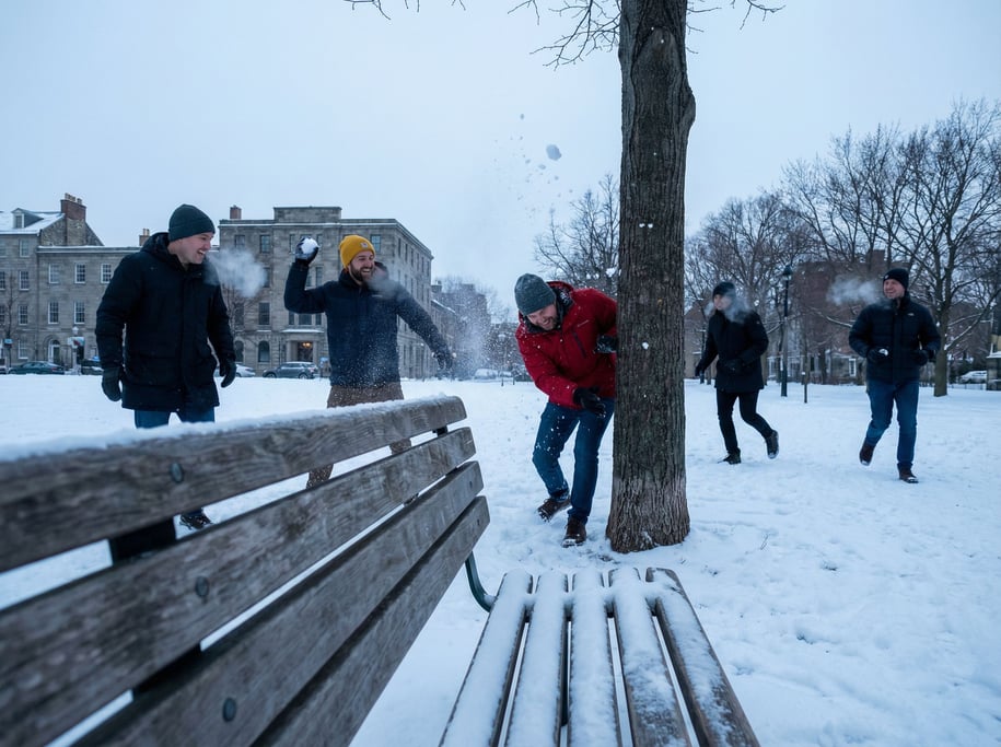 Four friends having a snowball fight in a city park