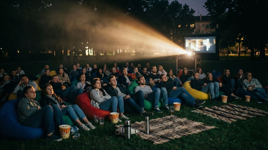 A nighttime outdoor cinema crowd of about forty people on bean bags and blankets