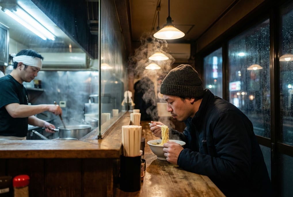 A man in his 30s alone at a ramen counter in Tokyo