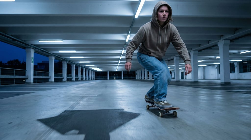 A woman in her 20s skateboarding through an empty parking garage