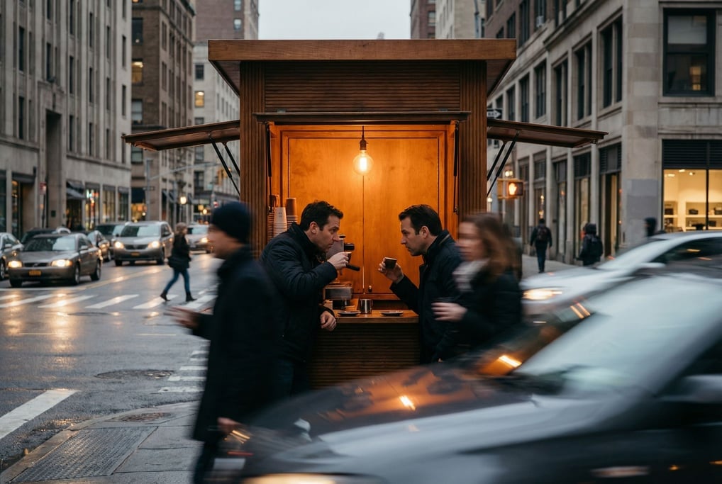 Two men having an intense conversation at a tiny coffee stand on a busy street corner
