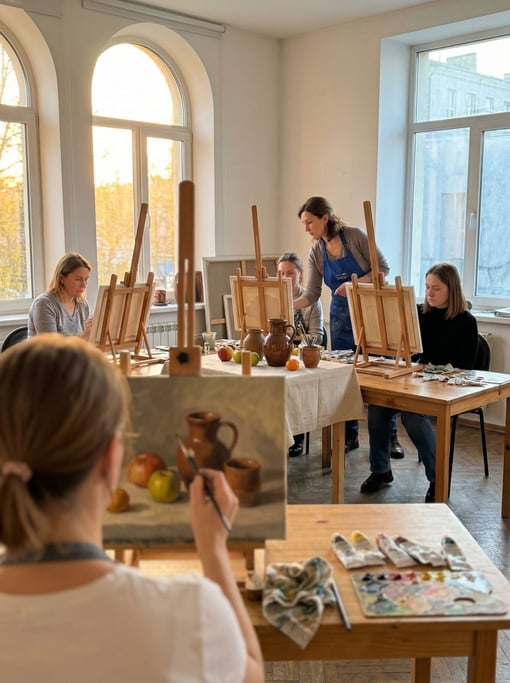 Four women at a painting class in a bright studio