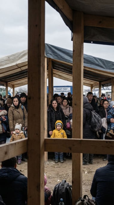 A crowd of refugees or displaced people at a transit point