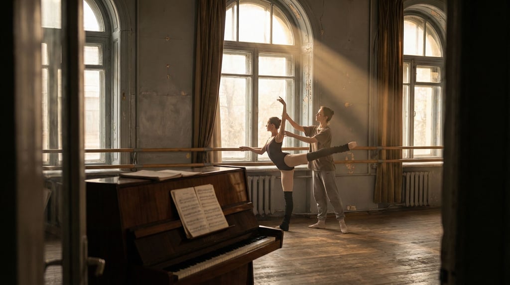 Two ballet dancers stretching at a barre in an old studio with peeling paint and high arched windows