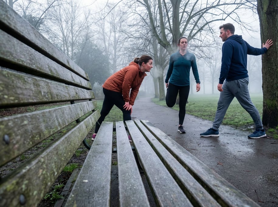 Two women and a man stretching after a run in a misty morning park