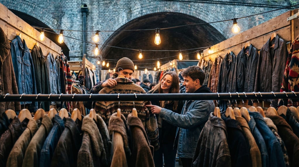 Three friends browsing a vintage clothing market under a railway arch