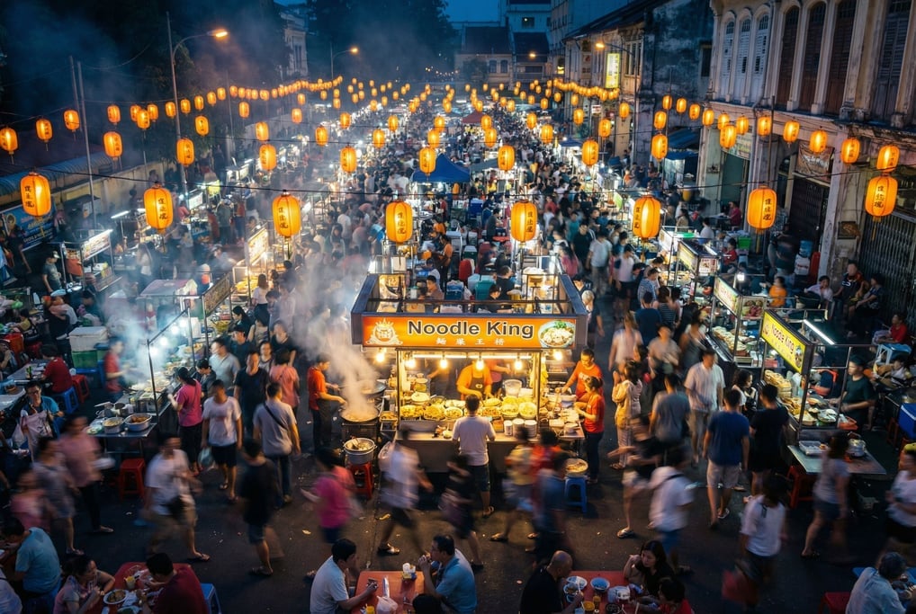 A night market in Southeast Asia viewed from a high angle