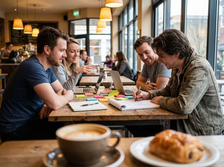 Four people at a collaborative whiteboard-free brainstorm in a cafe