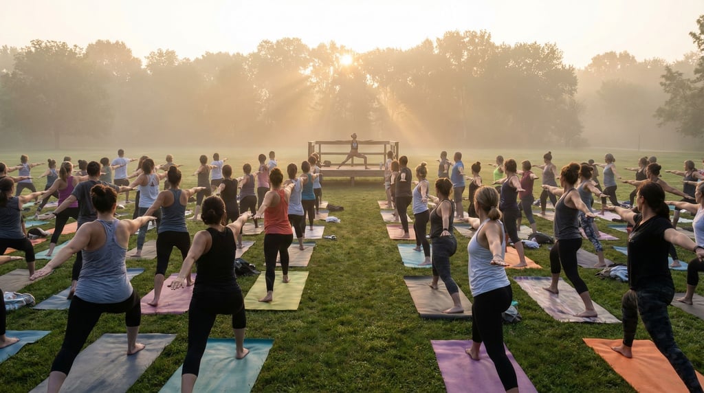 A huge outdoor yoga session at sunrise