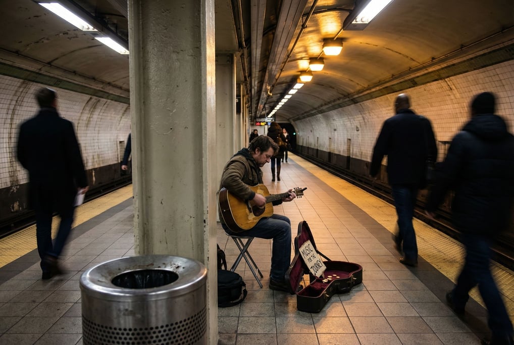 A solo busker playing acoustic guitar in a subway station
