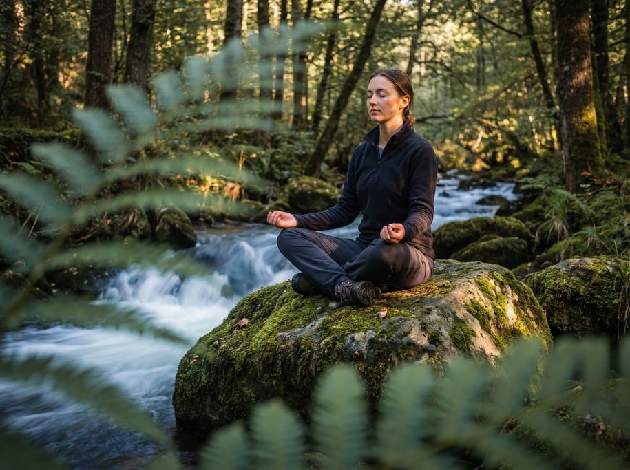 A woman in her 20s meditating alone on a rock by a stream in a forest