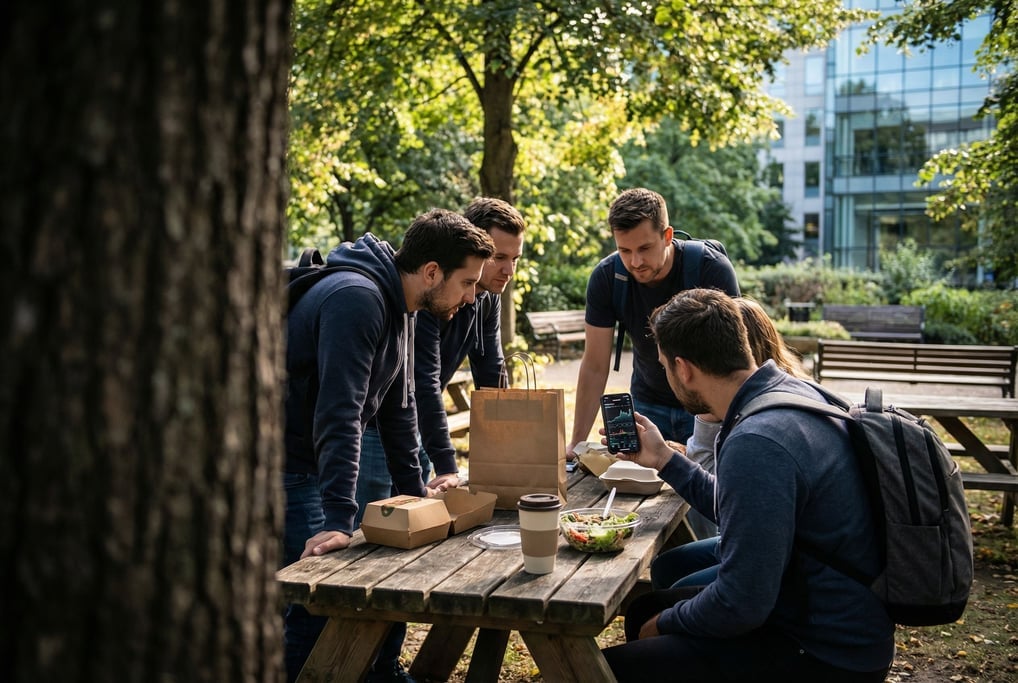 Four colleagues at an outdoor lunch table at a tech campus