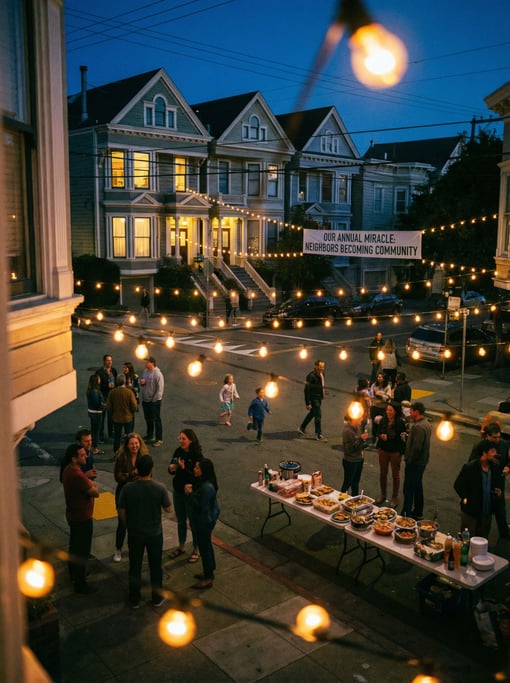 A nighttime block party on a residential street