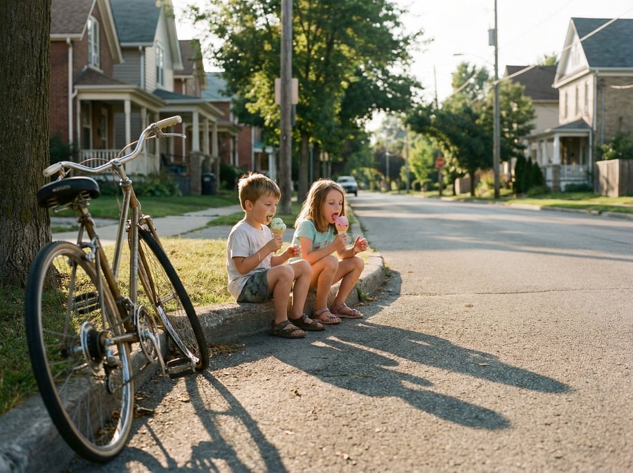 Two kids sitting on a curb eating ice cream cones