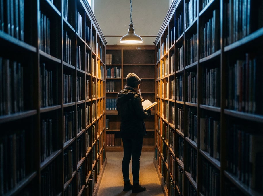 A woman in her 30s alone in a library