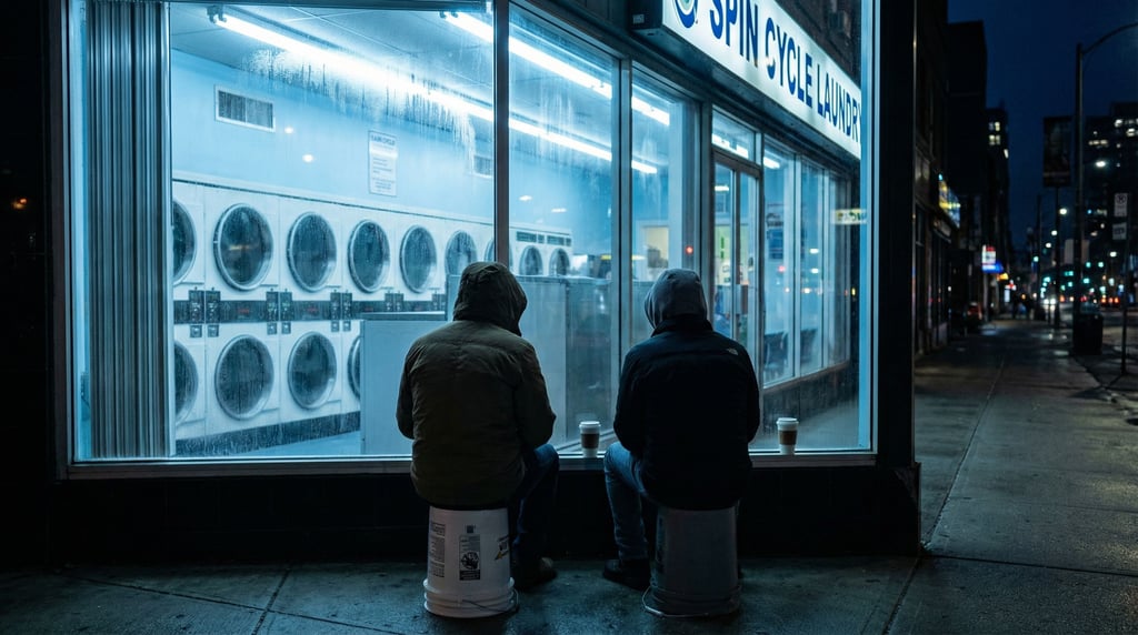 Two friends sitting on overturned buckets outside a laundromat watching their clothes spin through the glass doors