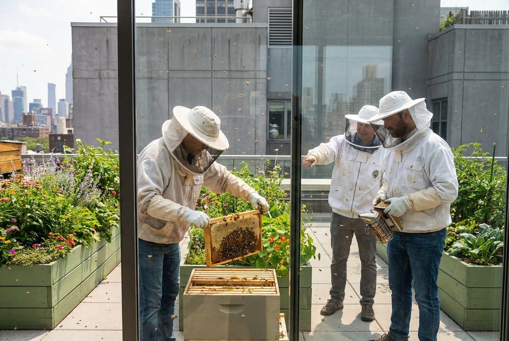 Three people at a rooftop beekeeping setup