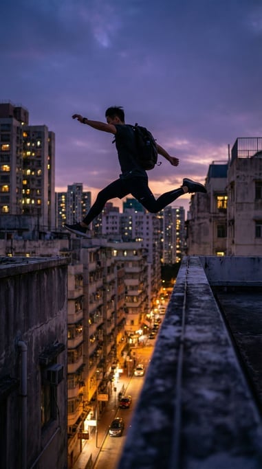 A man in his 20s doing parkour across urban rooftops at dusk