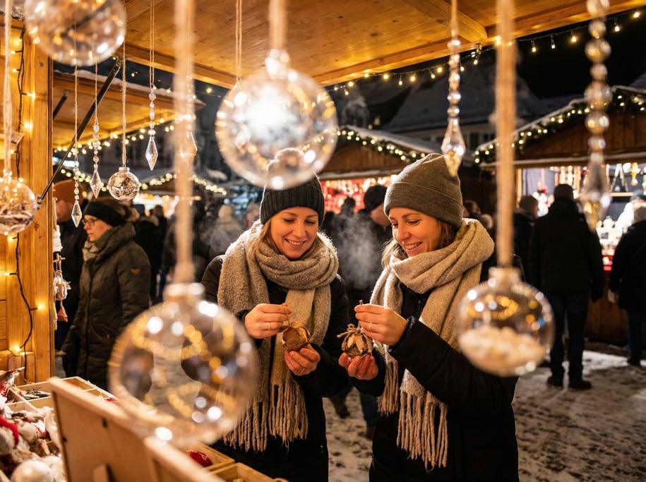 Two women in their 30s at an outdoor winter market