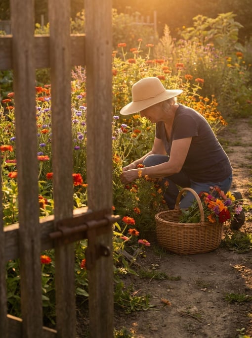 A woman in her 60s tending a flower garden at golden hour