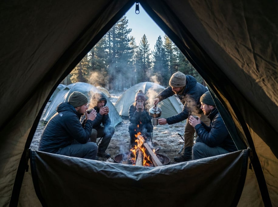 Five people at a campsite around a morning campfire making coffee