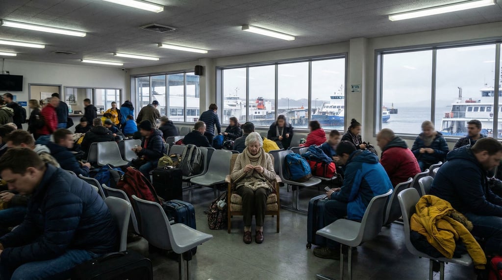 A crowded ferry terminal waiting room