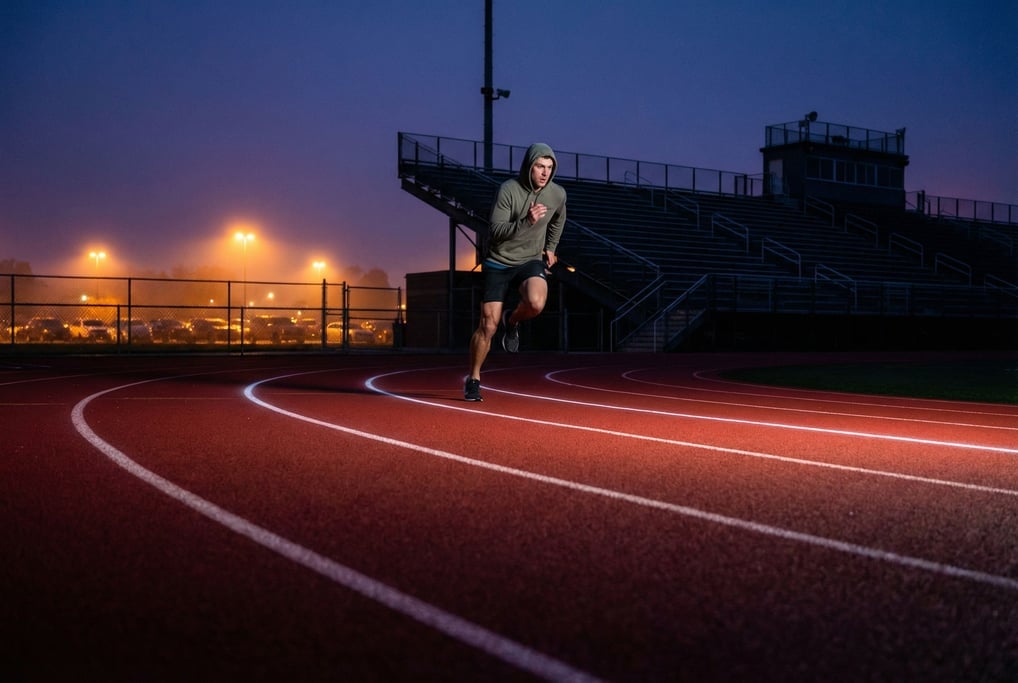 A man in his 30s running sprints alone on an empty track at dusk