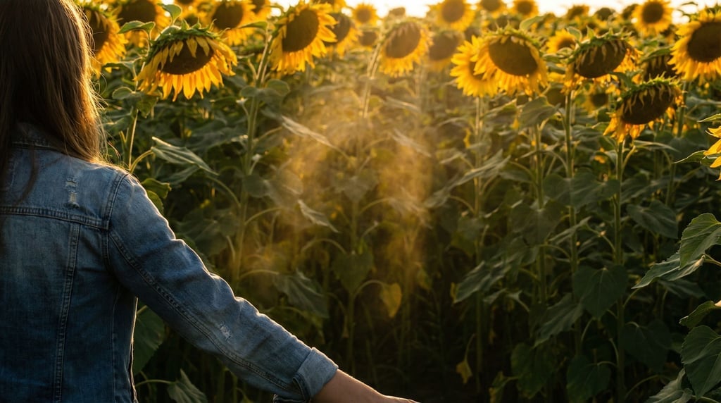 A woman in her 40s walking through a field of tall sunflowers