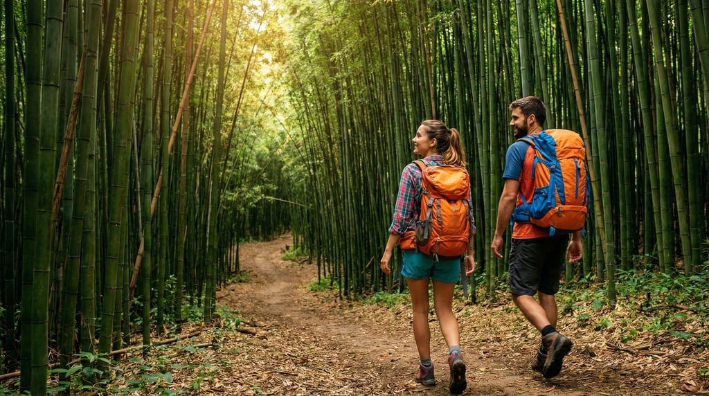 Two friends in their 20s hiking through a bamboo forest