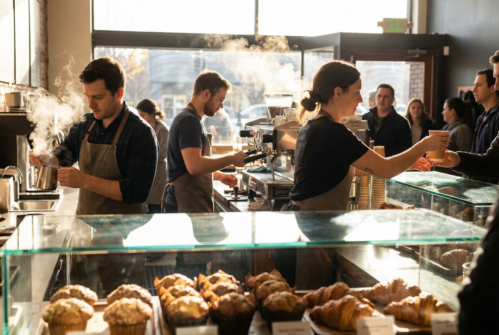 Three baristas at a busy morning coffee shop in synchronized workflow