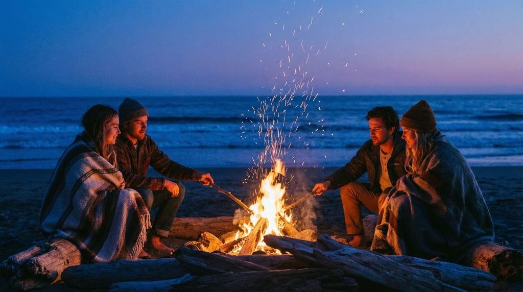 Four friends at a beach bonfire at blue hour
