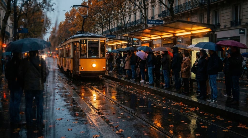 A rainy autumn evening at a busy tram stop