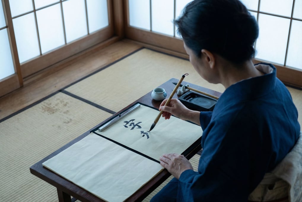 A woman in her 50s practicing calligraphy alone at a low table