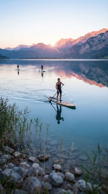 Three people at a sunrise paddleboard session on a calm lake