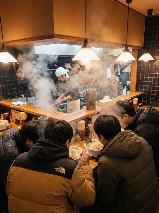 Four friends cramped in a tiny ramen shop