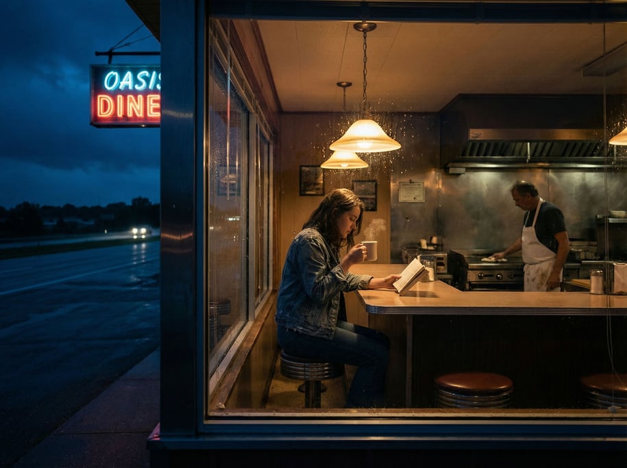 A woman in her 20s alone in a late-night diner
