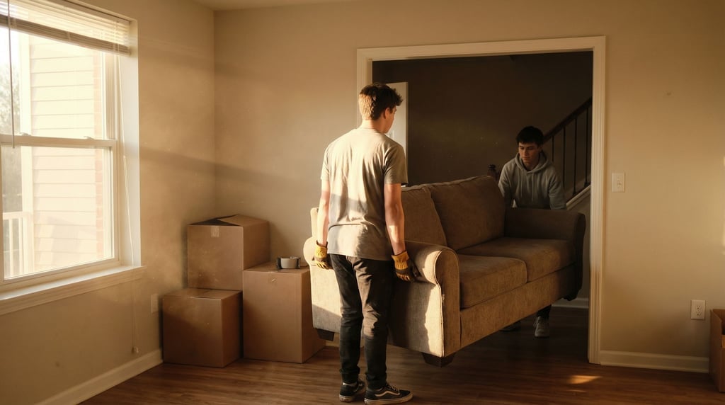 Two brothers in their 20s moving furniture into a new apartment