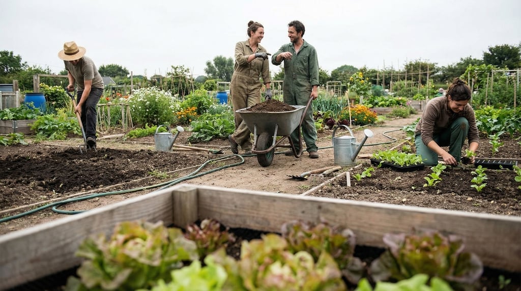 Four people at a community garden workday