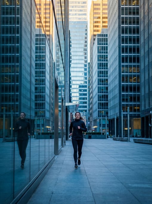 A woman in her 40s power-walking alone through a city financial district at dawn before the streets fill
