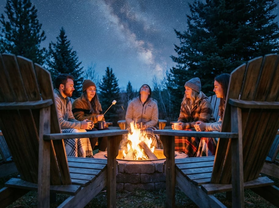 Five friends at a backyard fire pit on a clear cold night
