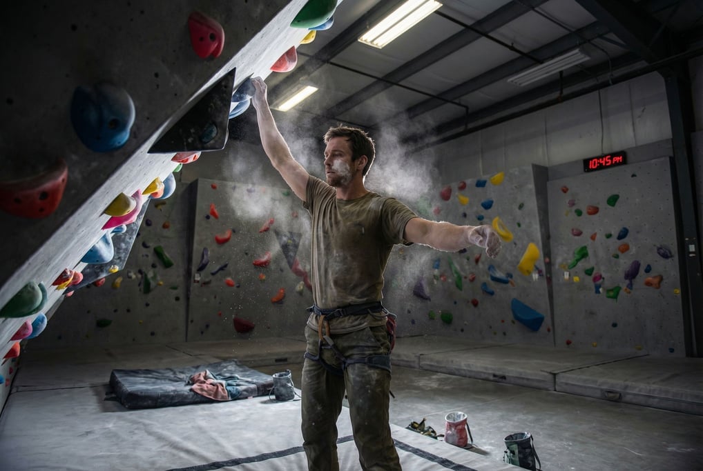 A man in his 30s alone in a climbing gym at closing time