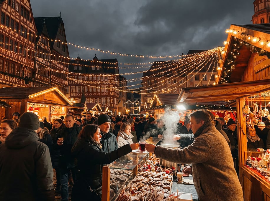 A crowded Christmas market in a European square at night
